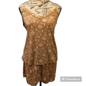 Lounge Knit Camisole Shorts Pajama Set 2-Piece Brown Soft Lace Trim Cute Stretch